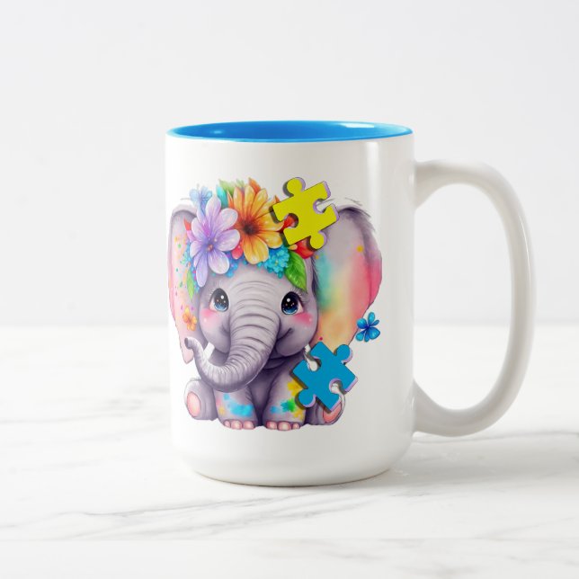 Autism Elephant Puzzle  Two-Tone Coffee Mug (Right)