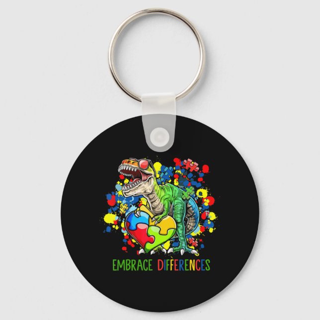 Autism Embrace Differences Dinosaur T-Rex Kids Cut Key Ring (Front)