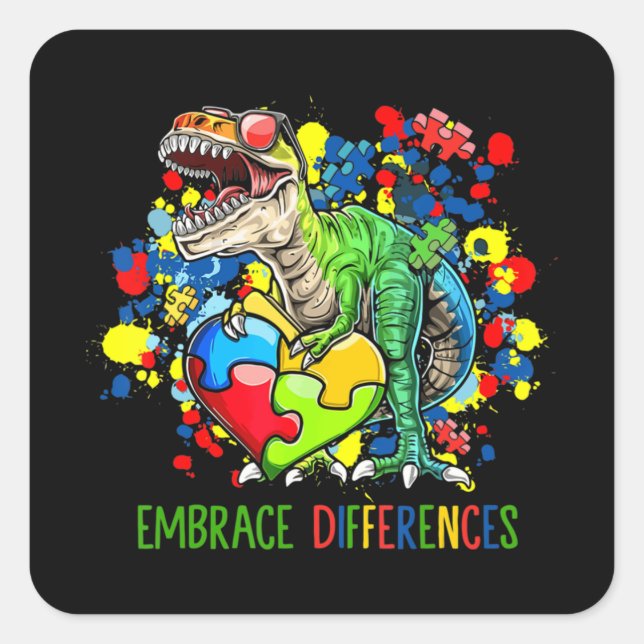 Autism Embrace Differences Dinosaur T-Rex Kids Cut Square Sticker (Front)