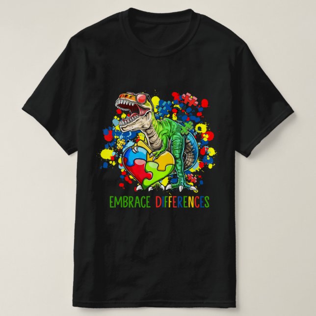 Autism Embrace Differences Dinosaur T-Rex Kids Cut T-Shirt (Design Front)