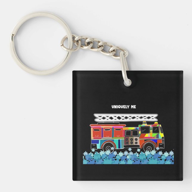 Autism Firetruck puzzle pieces Key Ring (Front)