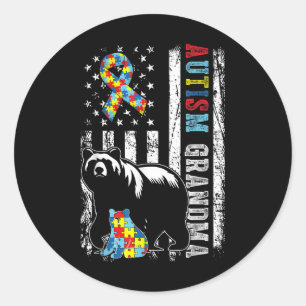 Autism Grandma Bear With Puzzles &amp; Usa Flag Di Classic Round Sticker