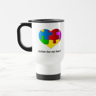 Autism Has My Heart, travel mug white...