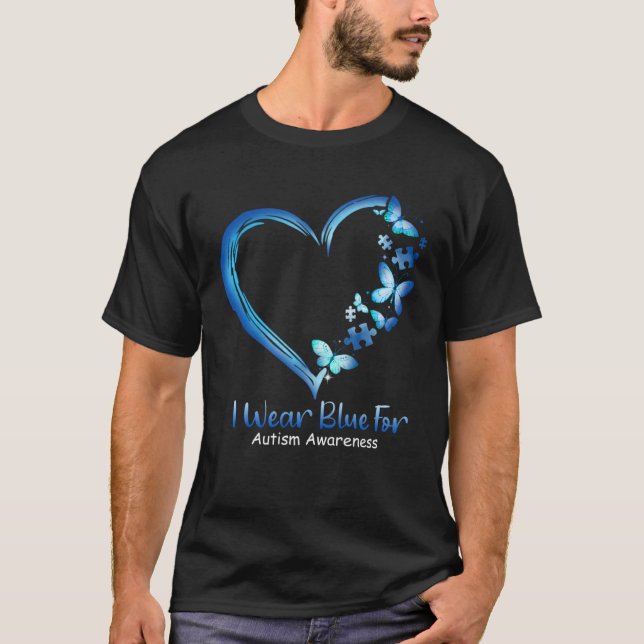 Autism Heart Butterfly I Wear Blue For Autism Awar T-Shirt (Front)