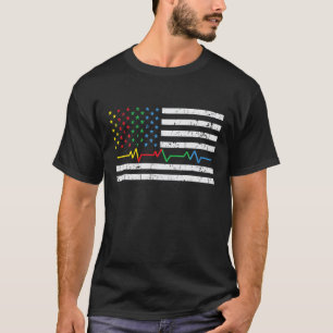 Autism Heartbeat American Flag Ribbon Colour Autis T-Shirt