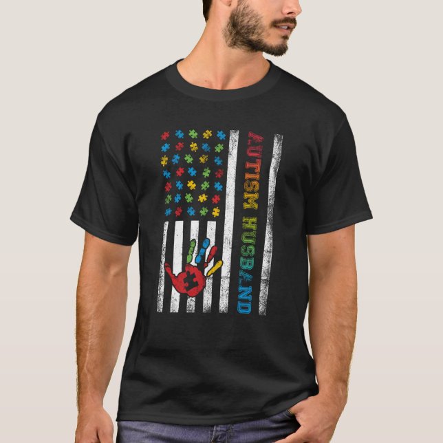 Autism Husband American Flag Autism Awareness T-Shirt (Front)