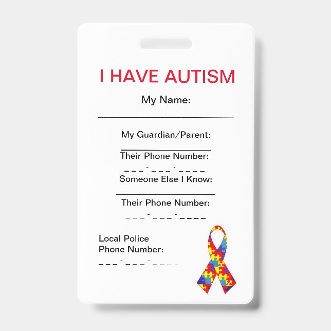 Autism ID Tag (Vertical) Badge (Front)