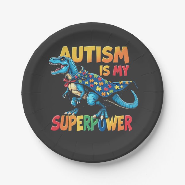 Autism Is My Superpower Dinosaur Autism Awareness Paper Plate (Front)