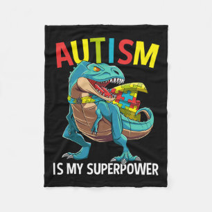 Autism Is My Superpower Dinosaur Puzzle Piece Fleece Blanket