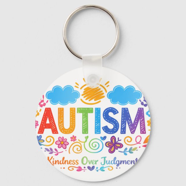 Autism Kindness Love Rainbow Handprints Sun Cloud Key Ring (Front)
