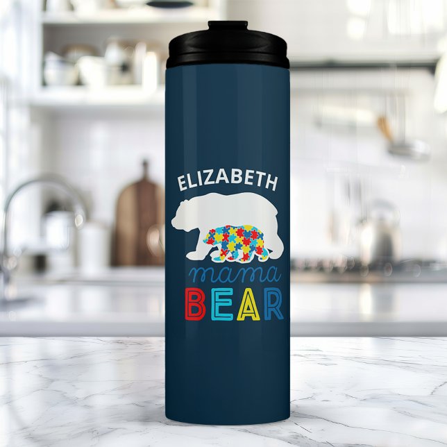 Autism Mama Bear And Cub Puzzle Piece Personalised Thermal Tumbler (Creator Uploaded)