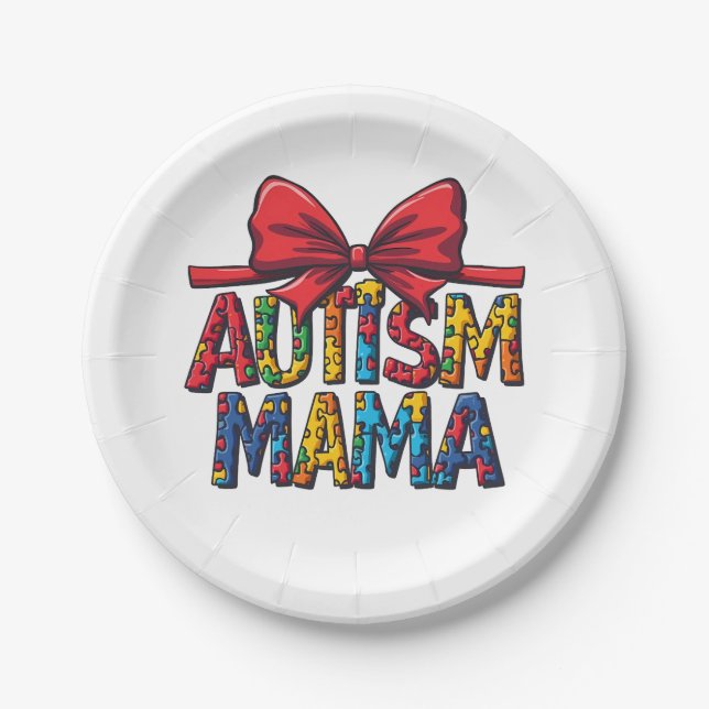 Autism Mama Bow Coquette Mum Autism Awareness  Paper Plate (Front)