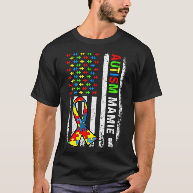 Autism Mamie American Flag Autism Awareness Family T-Shirt (Front)