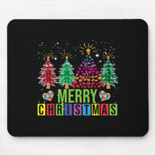 Autism Merry Christmas Tree Buffalo Plaid Matching Mouse Pad