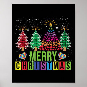 Autism Merry Christmas Tree Buffalo Plaid Matching Poster