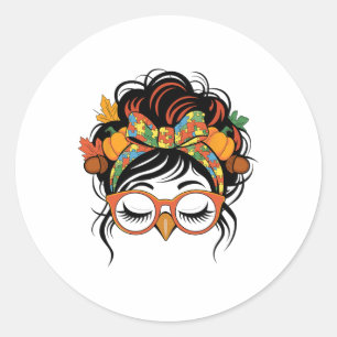 Autism Messy Bun Hair Turkey Fall Thanksgiving Wom Classic Round Sticker