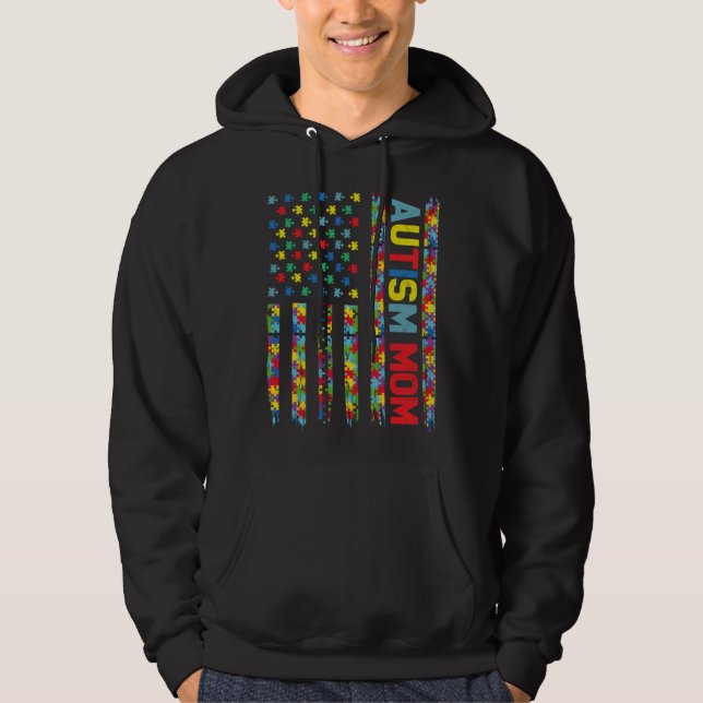 Autism Mom Child US Flag Puzzle Awareness Choose K Hoodie (Front)