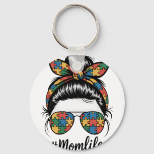 Autism Mom Life Puzzle Messy Bun Autism Awareness  Key Ring