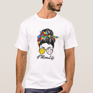Autism Mum Baseball Softball Messy Bun Autism Awar T-Shirt