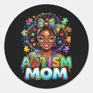 Autism Mum Black Women Messy Bun Autism Awareness Classic Round Sticker