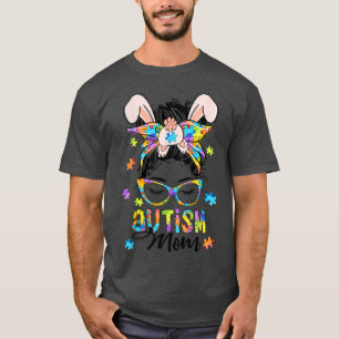 Autism Mum Easter Messy Bun Women Bunny Mother's D T-Shirt