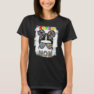 Autism Mum Life Messy Bun Sunglasses Bandanna Moth T-Shirt