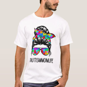 Autism Mum Life Messy Bun Sunglasses Bandanna Moth T-Shirt
