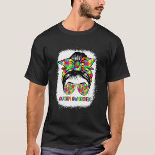 Autism Mum Life Messy Bun Sunglasses Bandanna Moth T-Shirt