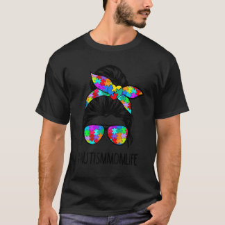 Autism Mum Life Messy Bun Sunglasses Bandanna Moth T-Shirt