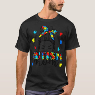 Autism Mum Life Messy Bun Sunglasses Bandanna Moth T-Shirt