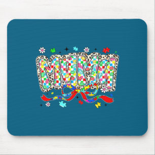 Autism mum mama leopard chequered puzzle piece bow mouse pad