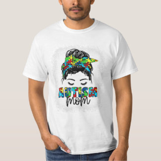 Autism Mum Messy Bun Awareness T-Shirt