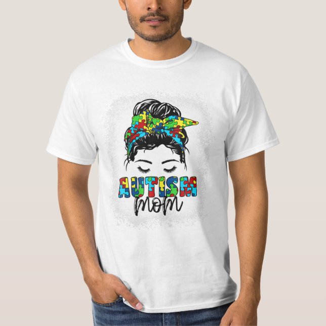 Autism Mum Messy Bun Awareness T-Shirt (Front)