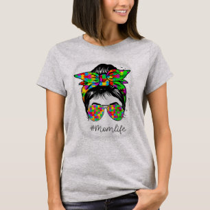 Autism Mum Messy Bun Bleached For Autism Awareness T-Shirt
