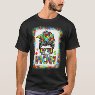 Autism Mum Messy Bun Mum Be Kind Puzzle Autism Awa T-Shirt
