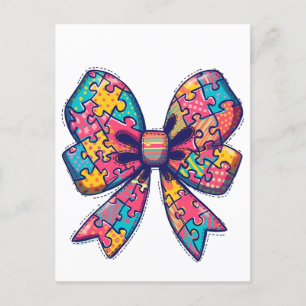 Autism Mum Puzzle Piece Coquette Bow Ribbon Autism Postcard