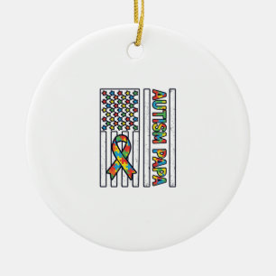 Autism Papa Flag Ribbon Puzzle Piece Shirt Design_ Ceramic Ornament
