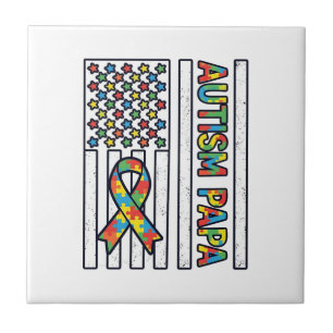 Autism Papa Flag Ribbon Puzzle Piece Shirt Design_ Ceramic Tile