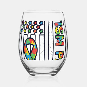 Autism Papa Flag Ribbon Puzzle Piece Shirt Design_ Stemless Wine Glass