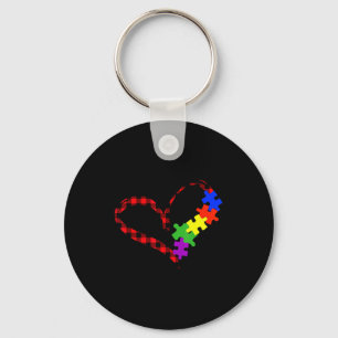 Autism Puzzle Buffalo Plaid Love Christmas Graphic Key Ring