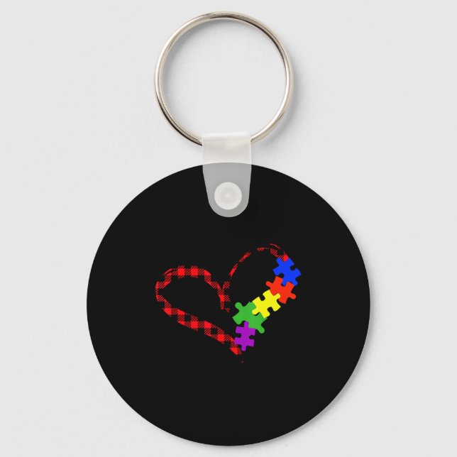 Autism Puzzle Buffalo Plaid Love Christmas Graphic Key Ring (Front)