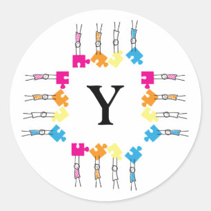 Autism Puzzle Pieces Stick Kids Drawing Initial Classic Round Sticker