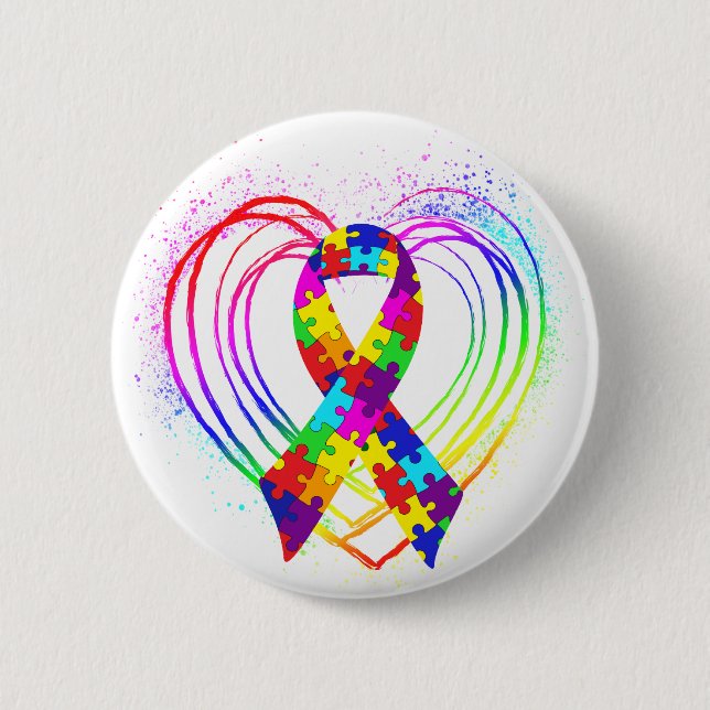 Autism Ribbon on Heart: 6 Cm Round Badge (Front)