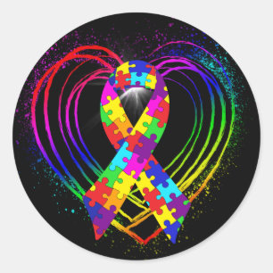 Autism Ribbon on Heart: Classic Round Sticker