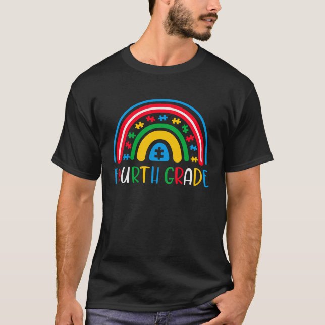 Autism School Teachers 4th Grade Rainbow Awareness T-Shirt (Front)