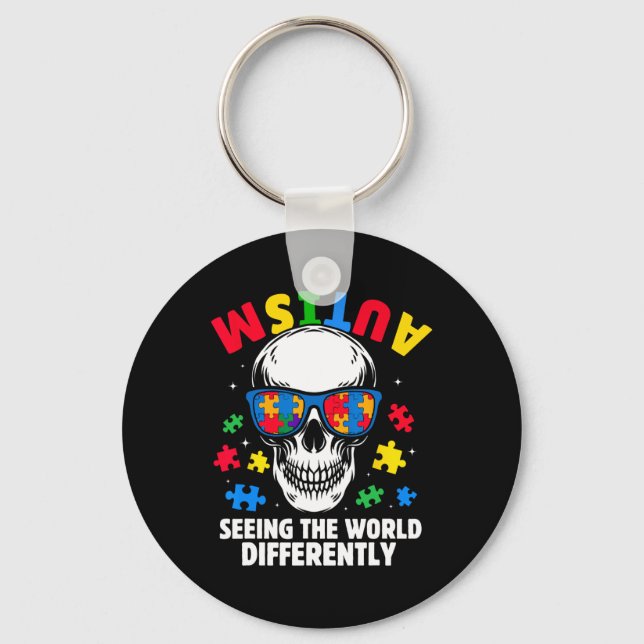 Autism Seeing The World Differently Awareness Skul Key Ring (Front)