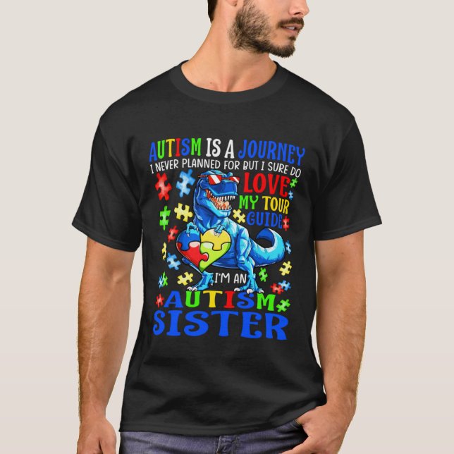 Autism Sister Journey Quote Autism Awareness Dinos T-Shirt (Front)