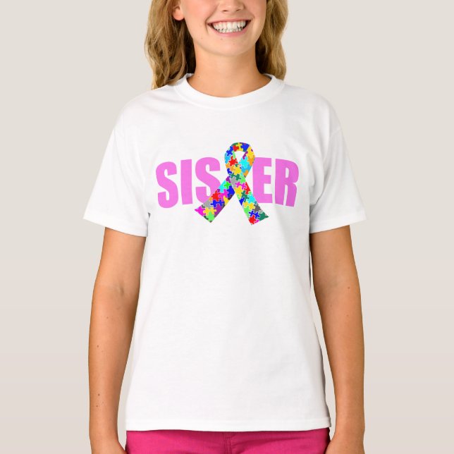 Autism Sister Pretty Pink Awareness Ribbon Kids T-Shirt (Front)