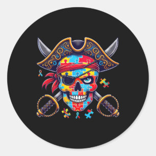 Autism Skeleton Pirate Skull Halloween Mens Womens Classic Round Sticker
