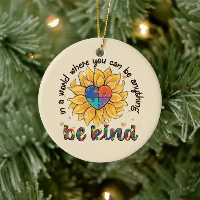 Autism Sunflower Be Kind Ceramic Ornament (Tree)